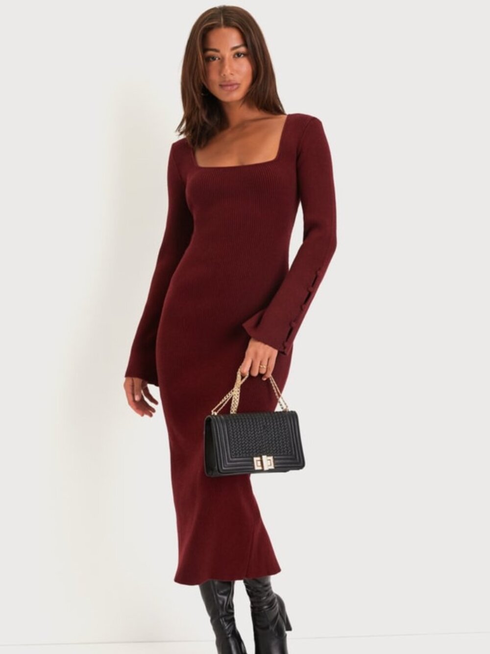 Classy Attitude Burgundy Ribbed Square Neck Midi Sweater Dress - Size XXS